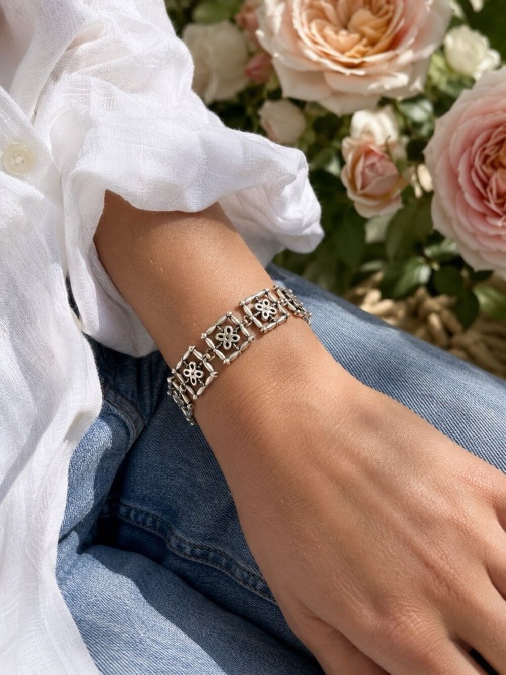 Brighton 925 Sterling Silver Floral Square Chain Link Bracelet 32 Grams